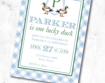 Watercolor One Lucky Duck Monogram First Birthday Invitation