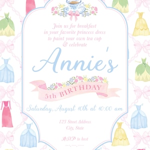 Puede incluir: Una invitaci&oacute;n en acuarela para el 5&ordm; cumplea&ntilde;os de Annie, con vestidos de princesa, lazos y una taza de t&eacute;. La invitaci&oacute;n incluye el texto "&Uacute;nete a nosotros para desayunar con tu vestido de princesa favorito para pintar tu propia taza de t&eacute; y celebrar el 5&ordm; cumplea&ntilde;os de Annie."