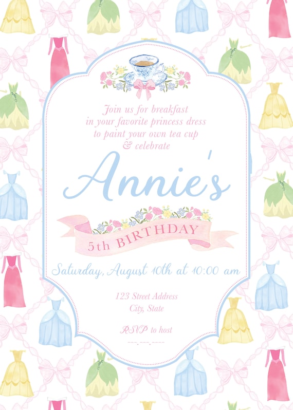 Royal Princess Tea Party watercolor classic girls birthday invitation with sweet monogram and grand millenial flowers and trellis bows