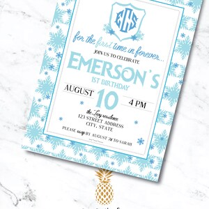 For the First Time In Forever Frozen Inspired Monogrammed Classic Snowflake Invitation First and Fourth Birthday