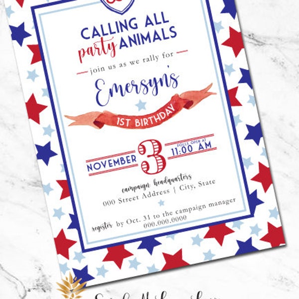 Election Themed Patriotic Campaign Political Birthday Party Invitation with Preppy Starts Monogrammed Crest