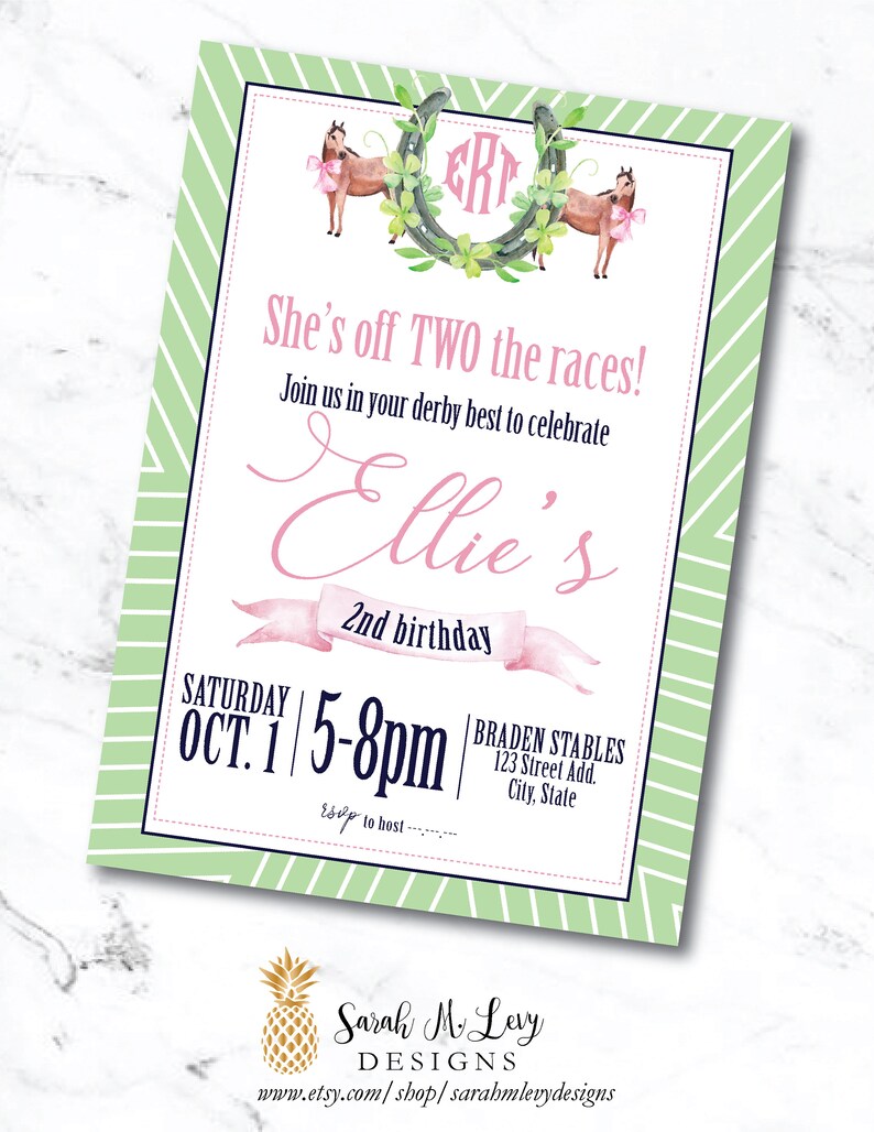 Off TWO the races Horse Race Kentucky Derby Theme Invitation with Watercolor horses and Monogram Crest