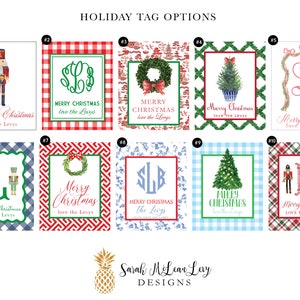 Etiquetas de presente de Natal personalizadas, digitais e para impressão, com monogramas em aquarela, estampas xadrez vichy, quebra-nozes e motivos chineses.