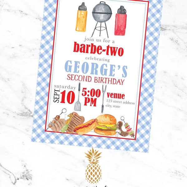 Barbe-TWO BURGER BASH grill cookout themed birthday party with watercolor burgers, hotdogs and monogram