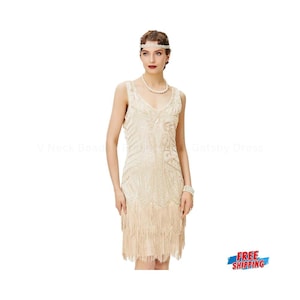 Women’s Flapper Dress 1920s V Neck Beaded Fringe Great Gatsby Dress For Party, Vintage Cocktail Evening Dress, Roaring 20s Costume Outfit