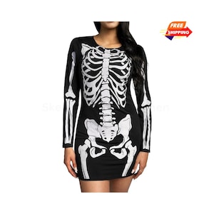 Skeleton Dress Women, Glow In The Dark Halloween Costume | Spooky Bodycon Party Outfit For Adult Witch, Vampire, Skeleton Cosplay