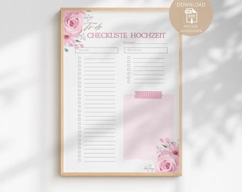 Wydrukowana lista kontrolna ślubu | Szablon planera ślubnego | Lista kontrolna ślubu (po niemiecku) | Przegląd organizacji ślubu | Pobierz plik PDF