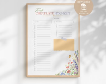 Wydrukowana lista kontrolna ślubu | Szablon planera ślubnego | Lista kontrolna ślubu (po niemiecku) | Przegląd organizacji ślubu | Pobierz plik PDF