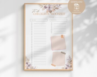 Wydrukowana lista kontrolna ślubu | Szablon planera ślubnego | Lista kontrolna ślubu (po niemiecku) | Przegląd organizacji ślubu | Pobierz plik PDF