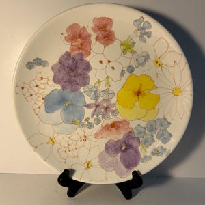 Vintage Ernestine Salerno Dinner Plate, Multicolor Wildflower Floral Plate, Hand Painted Watercolor Flower, Mid Century Italian Ceramic Dish