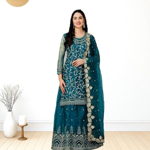 Green Chinon Silk Sharara Salwar Suit: Embroidered Indian Party Dress