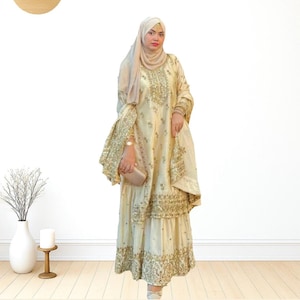 Golden Chinon Pakistani Sharara Set Fully Stitched Heavy Embroidered Ethnic Outfit Sequin Work Partywear Dress | Indian Eid & Wedding Wear