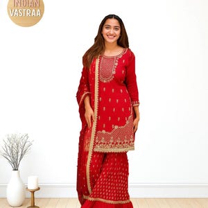 Red Pakistani Sharara Set Fully Stitched Heavy Embroidered Ethnic Outfit Sequin Work Partywear Dress | Indian Eid & Wedding Wear USA