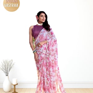 pink Satin Silk Saree for haldi women indian traditional hand made Soft Satin Floral Printed saree WeightLess saree for women USA UK