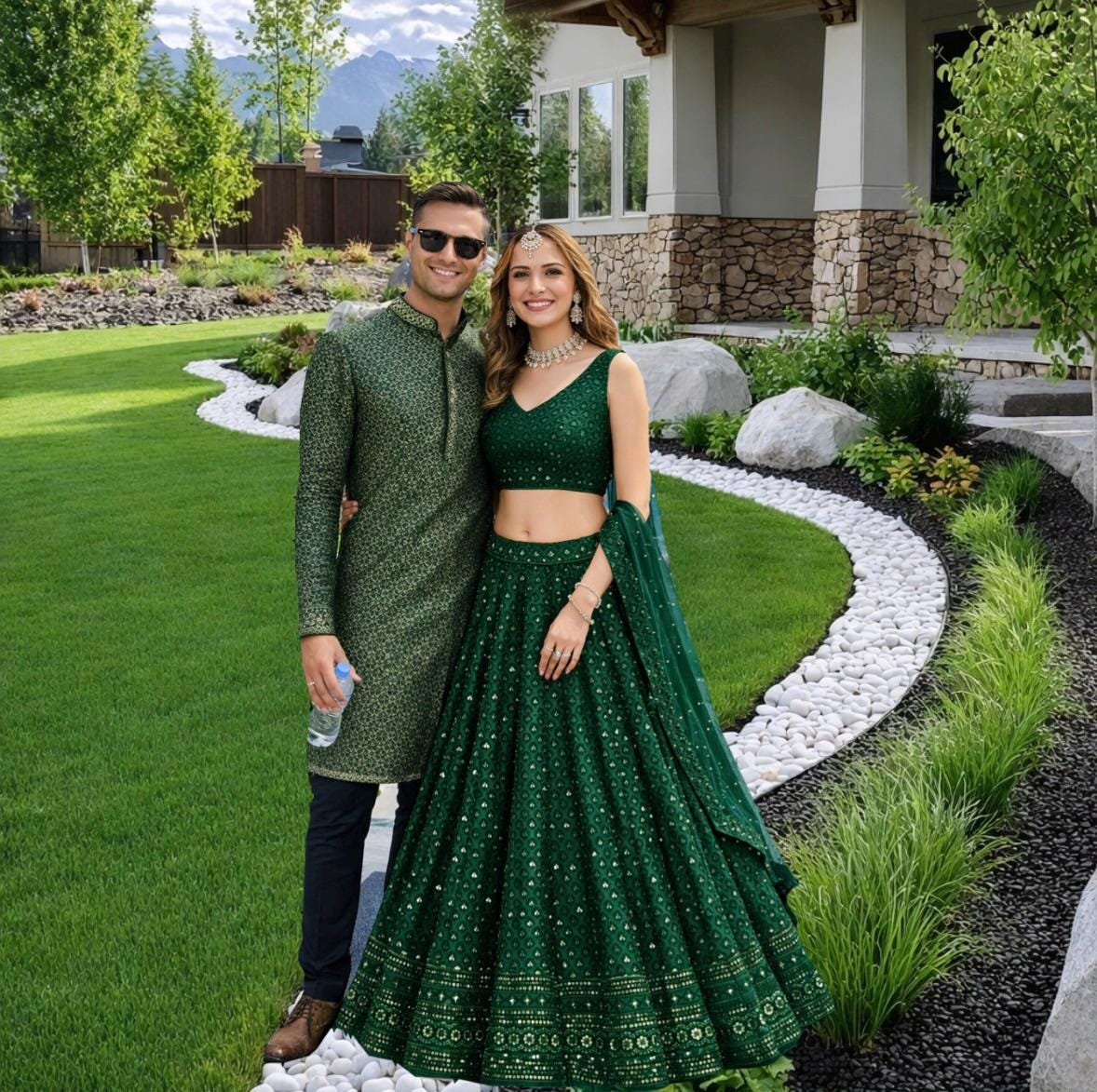 green emerald velvet dress Dark Green Designer Lehenga Choli with Embroidery Blouse main image 0