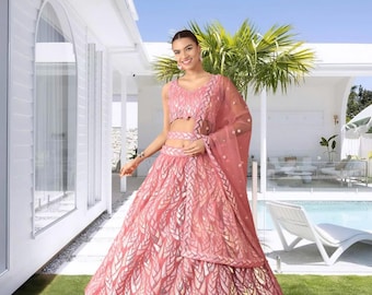 pink lehenga choli Indian Wedding reception Guest Wear, Zari & Sequin Embroidery chaniya choli