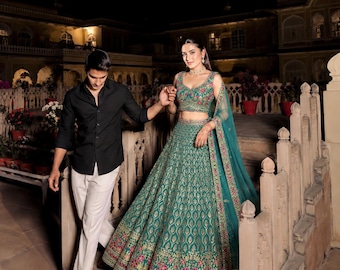 Teal Green lehenga choli Indian Wedding reception Guest Wear, Zari & Sequin Embroidery