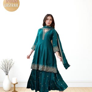 Green Embroidered Sharara Suit: Chinon Silk Indian Wedding Outfit