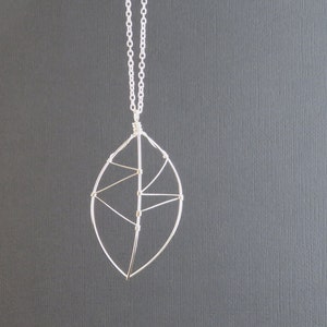 Foliole - Silver Leaf Necklace; Silver-Plated Hand-Sculpted Pendant on Long Chain; Nature Motif (Collier Argent Feuille) by InfinEight