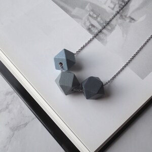 Quindecim Wood Block Geometric Necklace Silver and Blue, Grey Ombré Polyhedron Collana Geometrica / Collier Gris en Bois by InfinEight image 1