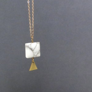 Chrysel - Long Gold Geometric Necklace; Geomatics Marble Howlite and Bright Brass Tiny Geo Triangle Pendant (Collier Triangle) by InfinEight