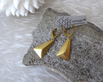 Hedron - Brass Triangle Earrings with Sleeper Earwires; Faceted Industrial Modernist Minimalist Geometric Drop Earring by InfinEight