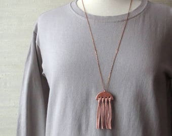 Amia – One Handmade Rose Gold Geometric Tassel Necklace or Silver Clay Ceramic Pendant on Long Chain (Sautoir Géométrique) by InfinEight