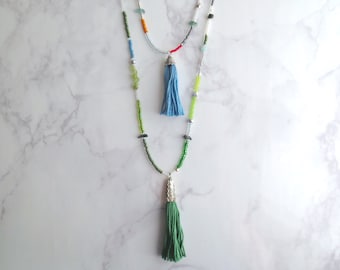 Aqa - One Silver Long Tassel Necklace with Gemstones and Multicolor Red, Blue, White and Green Miyuki and Glass Seed Beads by InfinEight