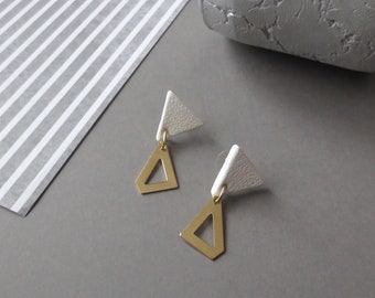 Kolmio - Modern Triangle Brass and Clay Earrings; Cream and Dark Gold Sculptural Geometric Stud Earring Triangles Korvarengas by InfinEight