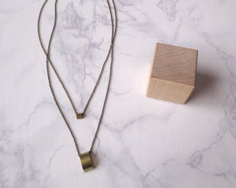 Vendra - Double Tier Geometric Pendant Necklace; Two Layered Brass Chains & Three-Dimensional Geo Pendants (Collier Multirang) by InfinEight