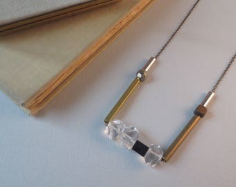 Samothrace - Quartz Crystal Brass Necklace; Modernist Industrial Wood and Mixed Metal Bar Necklace (Collier Laiton et Cristal) by InfinEight