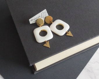 Eniz - Modern Gold Brass Shell Drop Earrings; Circle Stud Post Earring; Statement Square Cream Drop Geometric Triangle Art Set by InfinEight