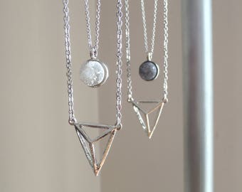 Druzy - One Double-Pendant Necklace w/ Silver 3D Geometric Triangle & White or Gray Crystal Pendants (Collier Géo Cristal) by InfinEight