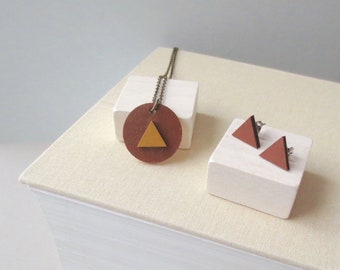 Ochre - Painted Wood Neutral Jewelry Set in Sienna Brown & Mustard Yellow; Geometric Circle Triangle Necklace + Stud Earrings by InfinEight