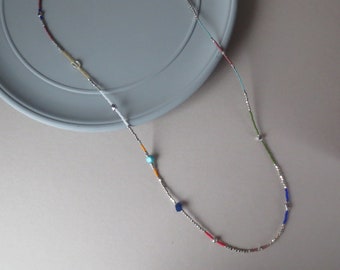 Devista - Long Silver Beaded Handmade Necklace with Blue, Green, Orange Miyuki Seed Beads & Turquoise, Lapis, Citrine Gemstone by InfinEight