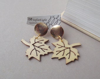 Cser - Gold Wood Leaf Earrings; Dark Gold / Bright Brass Stud Post Circle; Boho Wooden Maple Leaves Drop; Plant Mom Lady Gift by InfinEight