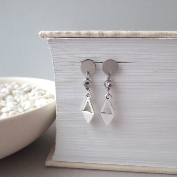Brio - Small Silver Diamond Spike Sparkling Triangle Post Drop Earrings; Sparkly Geometric Studs (Petites Boucles Argentées) by InfinEight