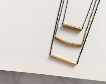 Niveau3 - Three-Strand Brass Bar Necklace; Triple Tier Layered Chains & Curved Tube Pendants (Collier Géométrique Multirang) by InfinEight