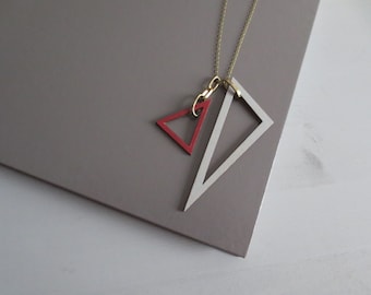 Calibration - Color Block Geometric Wood Triangle Pendant Long Brass Necklace (Burgundy, Grey, Cream, Pink) by InfinEight
