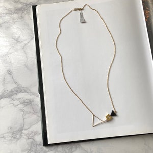 Heike - Modernist Brass Necklace with Sculptural Geometric Elements, Triangles and Freshwater Pearls (Collier Géométrique) by InfinEight
