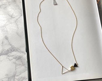 Heike - Modernist Brass Necklace with Sculptural Geometric Elements, Triangles and Freshwater Pearls (Collier Géométrique) by InfinEight