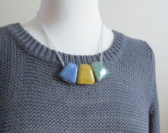 Paon - One Ceramic Color Block Statement Necklace; Multicolor Jade, Green, Yellow, Blue Speckled Finish and Silver Aluminum Chain by InfinEi