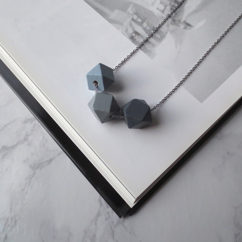Quindecim Wood Block Geometric Necklace Silver and Blue, Grey Ombré Polyhedron Collana Geometrica / Collier Gris en Bois by InfinEight image 1