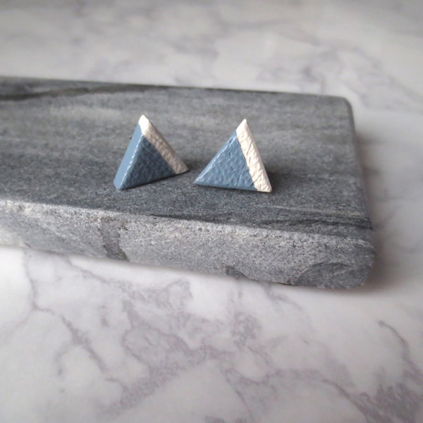 Gao - Blue Grey Geometric Stud Earrings; Handmade Grey Post Triangle Earrings; Cream Pastel Tiny Geo Studs (Boucles Triangle) by InfinEight