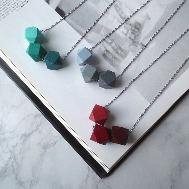 Quindecim Wood Block Geometric Necklace Silver and Blue, Grey Ombré Polyhedron Collana Geometrica / Collier Gris en Bois by InfinEight image 5