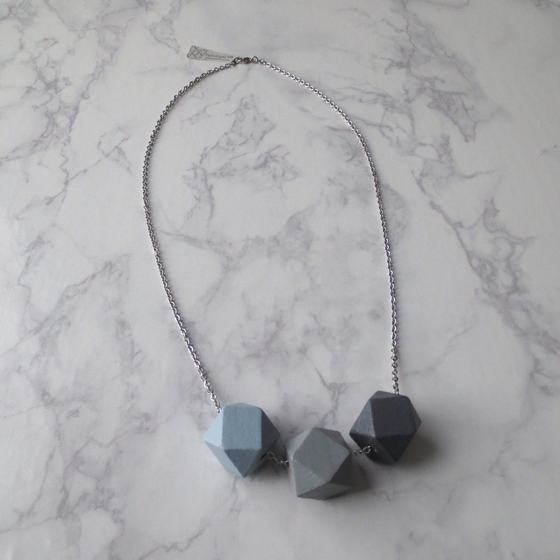 Quindecim Wood Block Geometric Necklace Silver and Blue, Grey Ombré Polyhedron Collana Geometrica / Collier Gris en Bois by InfinEight image 2