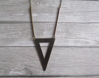 Rhodes - Simple Flat Triangle Long Geometric Necklace; Minimalist Modern Dark Brass (Collier Géométrique; Sautoir Laiton) by InfinEight