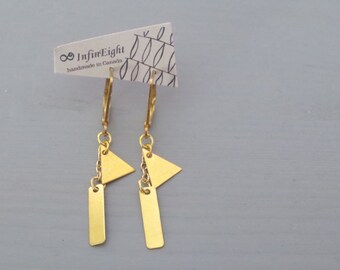 Rule - Brass Geometric Earrings with Sleeper Earwires, A Triangle and a Rectangle; Math Jewelry Drop Earrings by InfinEight