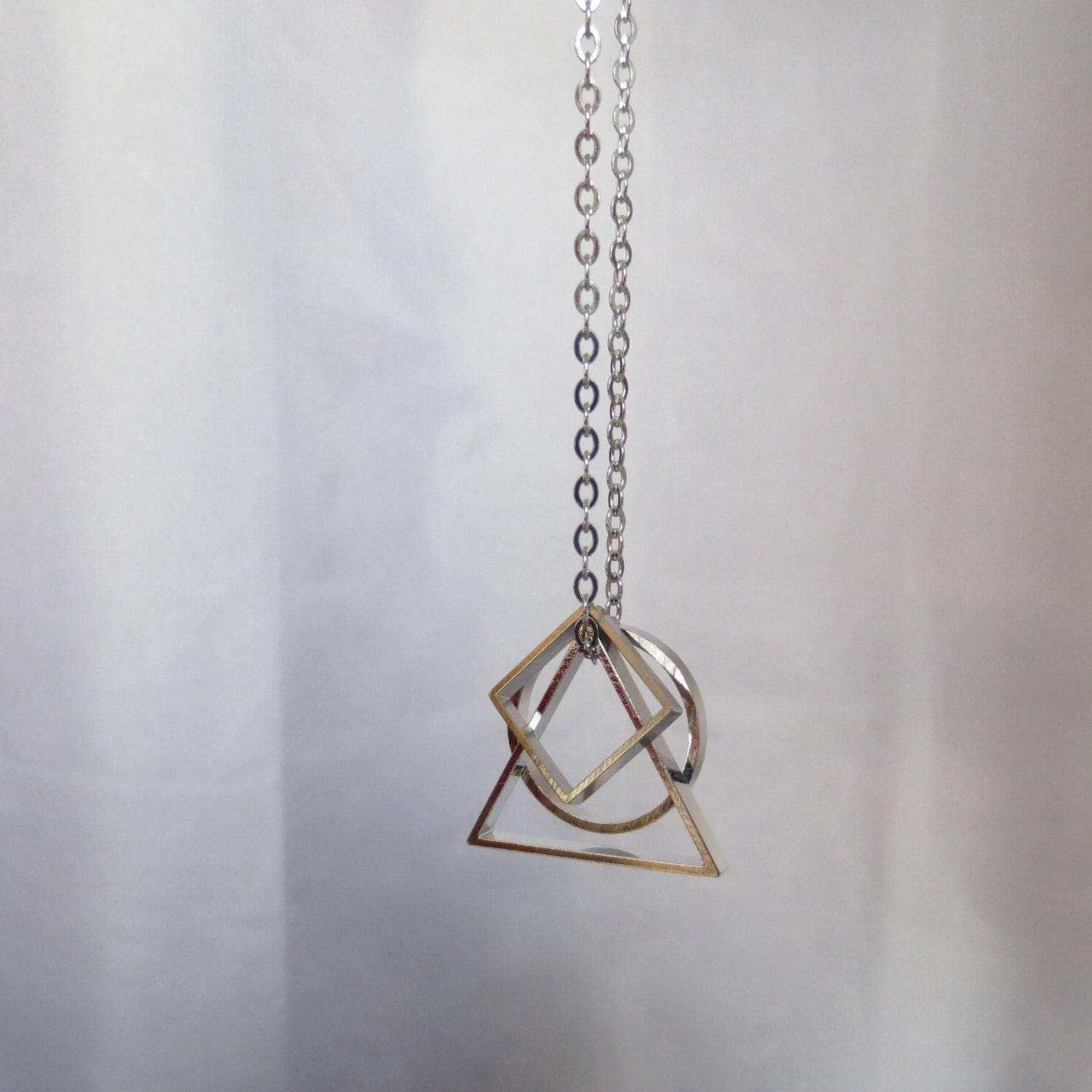 Convex Silver Geometric Necklace With Triangle Circle And Square Pendants On Stainless Steel Chain Collier Géométrique By Infineight