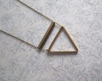 Dodecanese - Long Brass Triangle Necklace with Geometric Pendants (Collier Géométrique) by InfinEight